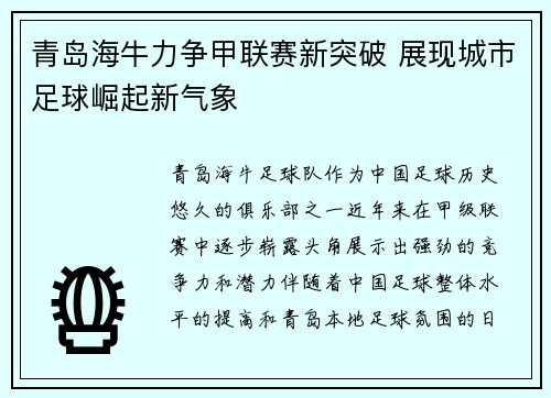 青岛海牛力争甲联赛新突破 展现城市足球崛起新气象