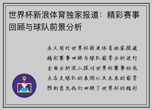 世界杯新浪体育独家报道：精彩赛事回顾与球队前景分析