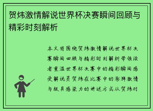 贺炜激情解说世界杯决赛瞬间回顾与精彩时刻解析
